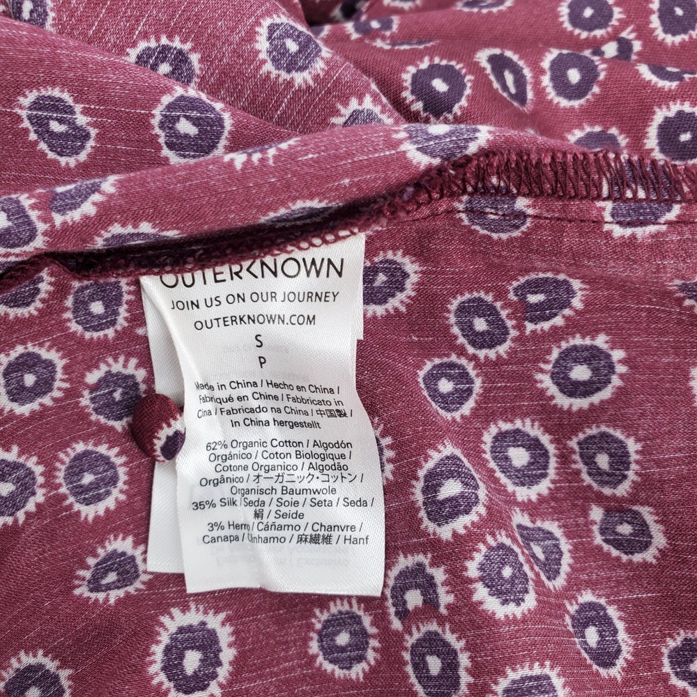 Outerknown Womens Small Maroon Geometric Organic Cotton Silk Ruffle Midi‎ Dress - Picture 7 of 8